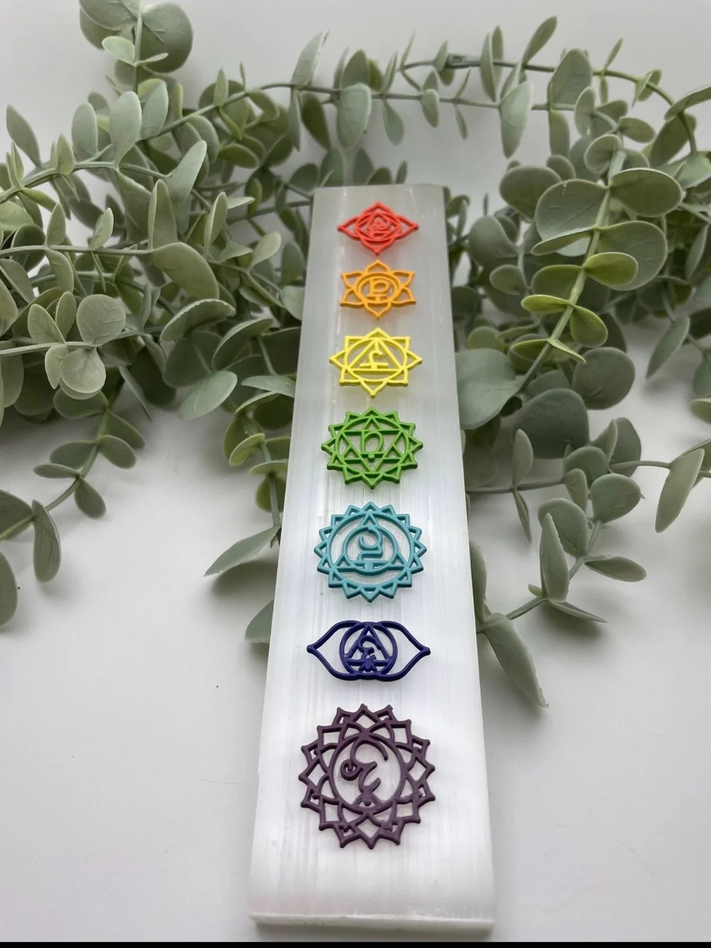 Chakra Selenite Charging Plate with Multicolor Chakra Symbols